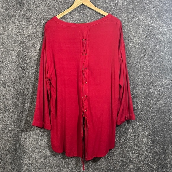 Umgee Red Hi-Low Tunic Top M Lace-Up Back Boho Oversized Long Sleeve - Picture 1 of 6